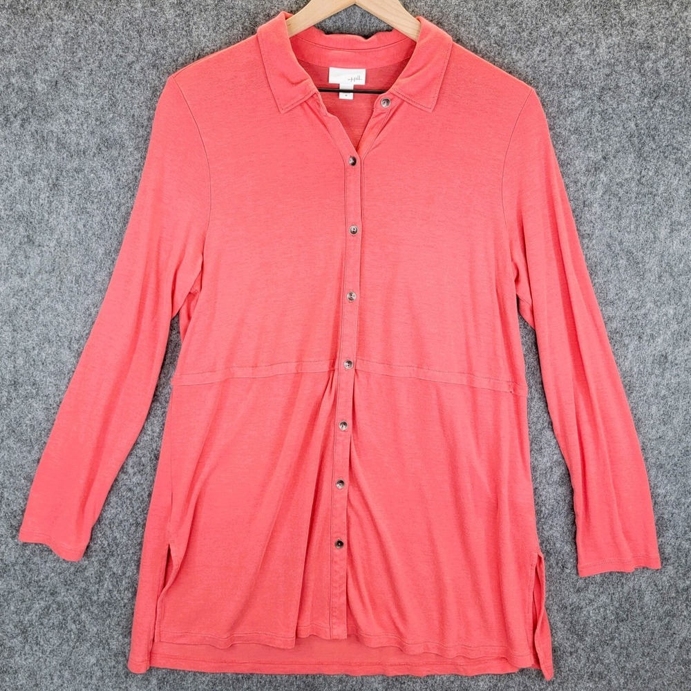 J Jill Shirt Womens M Coral Pink Button Up Blouse Lagenlook‎ Long Line